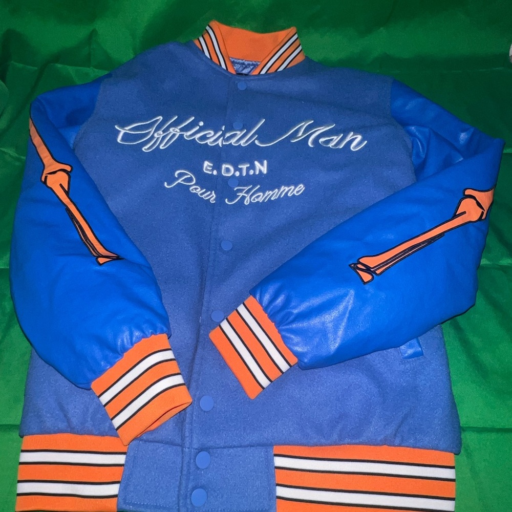 Blue and orange skeleton varsity jacket mans Size S